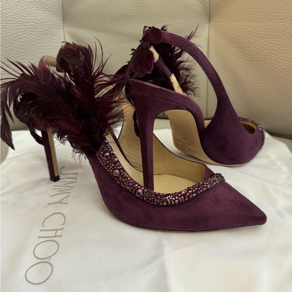 Jimmy Choo Tacey 100 Ballet Suede With Crystal And Feathers, Brand New.